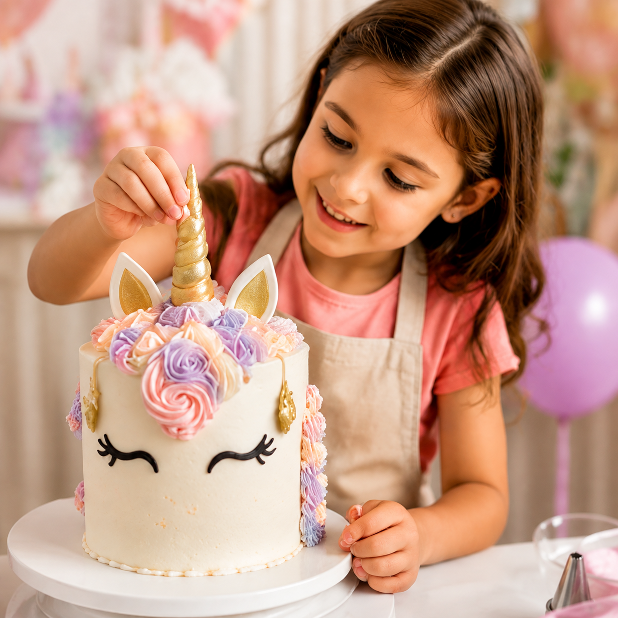 Niña decorando una tarta en el taller de cumpleaños de La Tortista