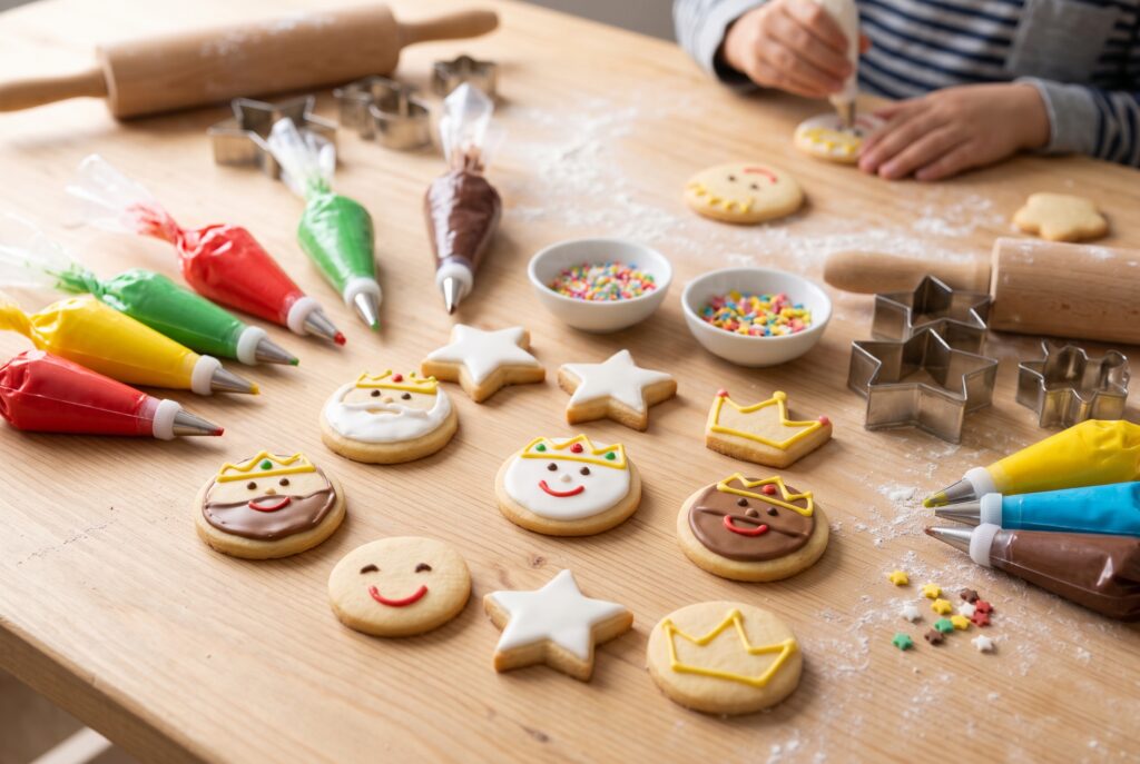 Niño decorando galletas de los Reyes Magos con glasa en La Tortista