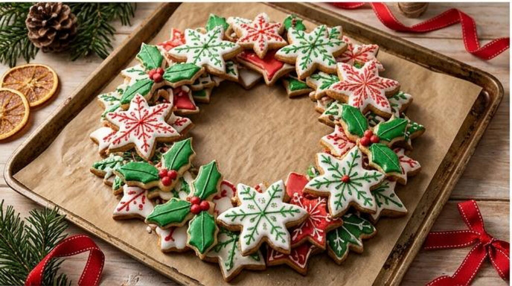Corona de Navidad hecha con galletas decoradas con glasa real